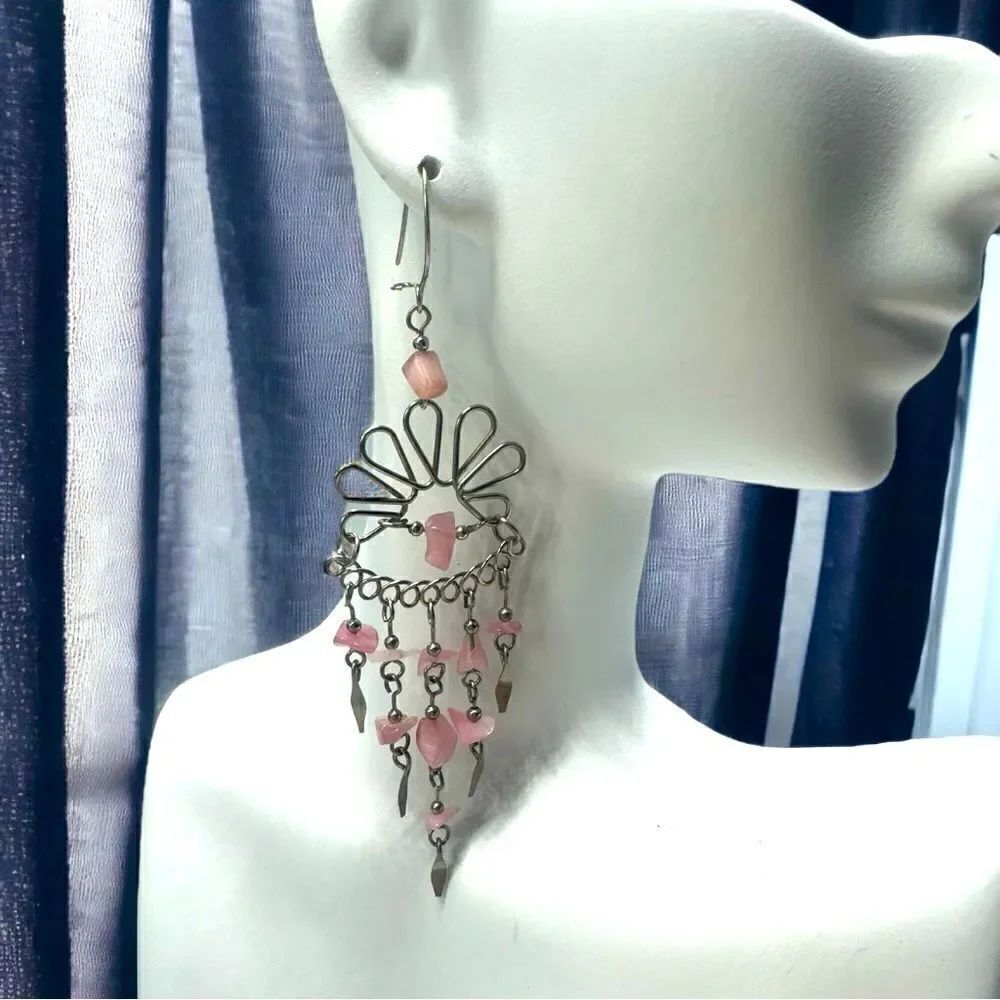 💄Rose Quartz💄Handcrafted Vintage Peruvian Gemstone Chandelier Earrings l EUC